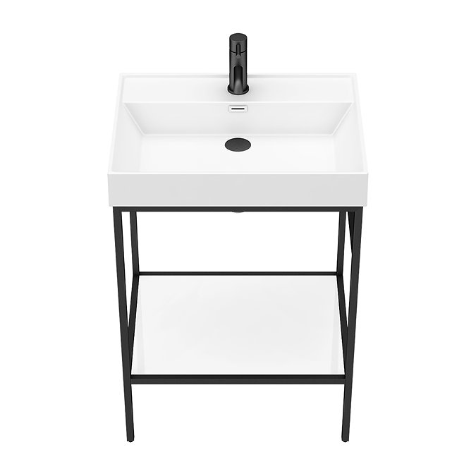 Arezzo 600 Matt Black Framed Washstand with Gloss White Open Shelf and Basin  In Bathroom Large Imag