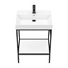 Arezzo 600 Matt Black Framed Washstand with Gloss White Open Shelf and Basin  In Bathroom Large Imag