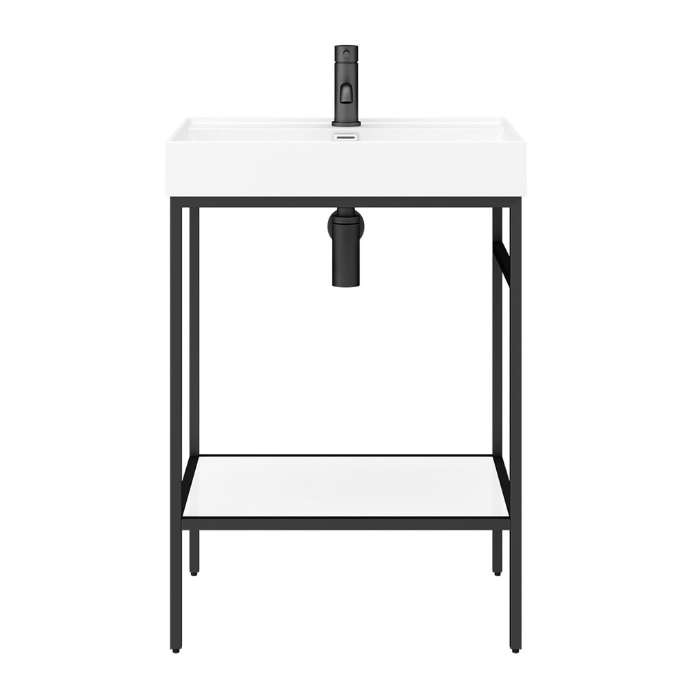 Arezzo 600 Matt Black Framed Washstand with Gloss White Open Shelf