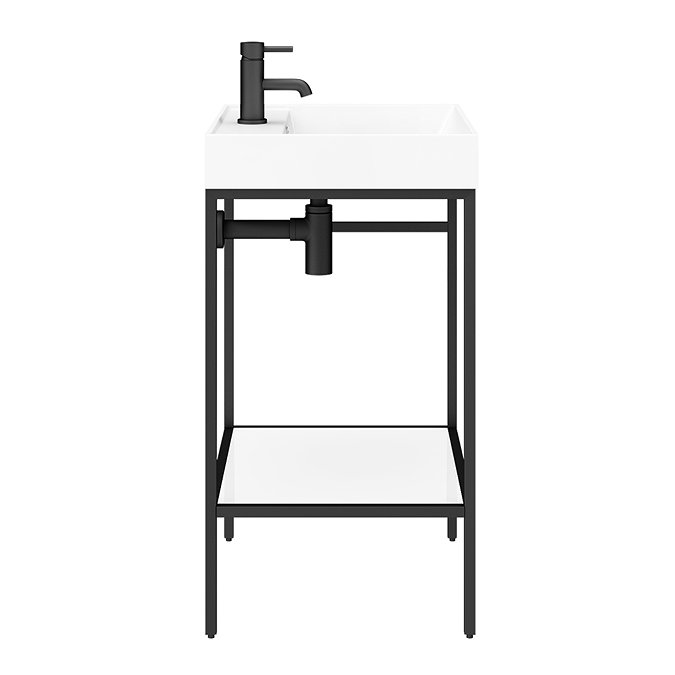 Arezzo 600 Matt Black Framed Washstand with Gloss White Open Shelf and Basin  additional Large Image