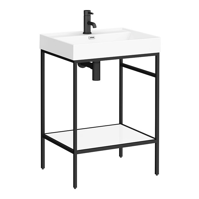 Arezzo 600 Matt Black Framed Washstand with Gloss White Open Shelf and Basin  Profile Large Image