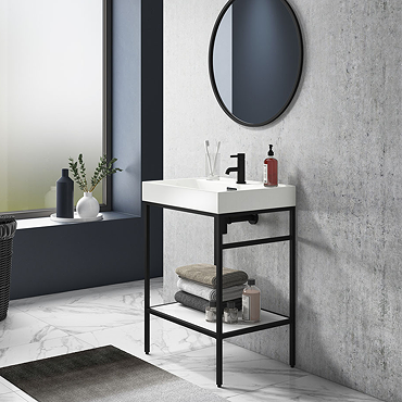Arezzo 600 Matt Black Framed Washstand with Gloss White Open Shelf and Basin  Profile Large Image