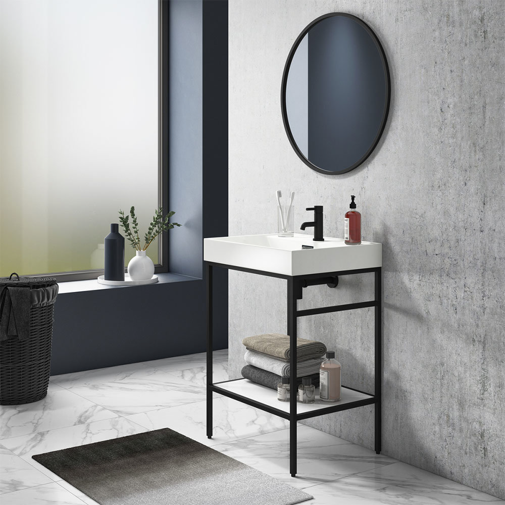 Arezzo 600 Matt Black Framed Washstand with Gloss White Open Shelf