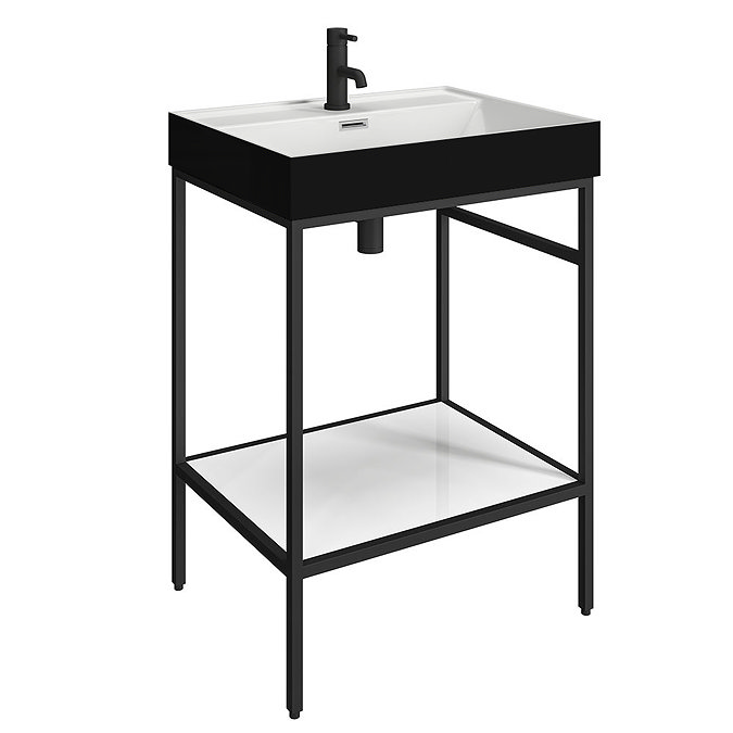 Arezzo 600 Matt Black Framed Washstand with Gloss White Open Shelf and Gloss Black Basin  Profile La