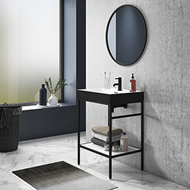 Arezzo 600 Matt Black Framed Washstand with Gloss White Open Shelf and Gloss Black Basin Medium Imag