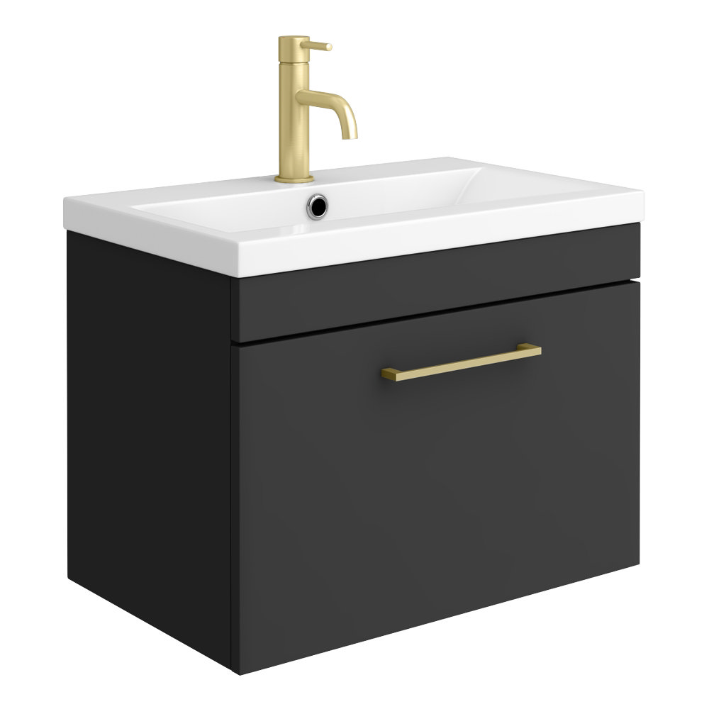 Arezzo 600 Matt Black Wall Hung 1 Drawer Vanity Unit with Brushed