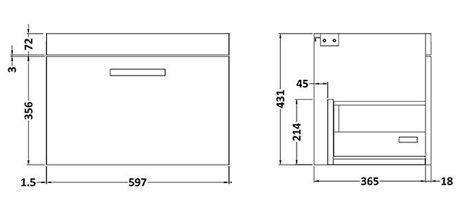 Arezzo 600 Matt Black Wall Hung 1-Drawer Vanity Unit with Gloss White Slimline Basin + Brushed Brass Handle