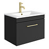 Arezzo 600 Matt Black Wall Hung 1-Drawer Vanity Unit with Gloss White Slimline Basin + Brushed Brass Handle