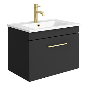 Arezzo 600 Matt Black Wall Hung 1-Drawer Vanity Unit with Gloss White Slimline Basin + Brushed Brass Handle