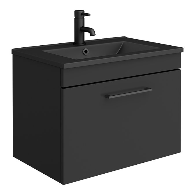 Arezzo 600 Matt Black Wall Hung 1-Drawer Vanity Unit with Matt Black Slimline Basin + Handle