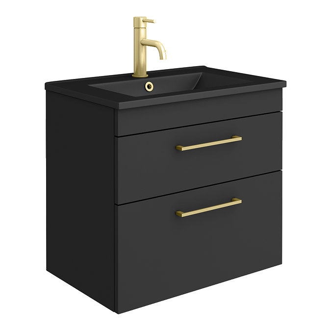 Arezzo 600 Matt Black Wall Hung 2-Drawer Vanity Unit with Matt Black Slimline Basin + Brushed Brass Handles