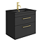 Arezzo 600 Matt Black Wall Hung 2-Drawer Vanity Unit with Matt Black Slimline Basin + Brushed Brass Handles