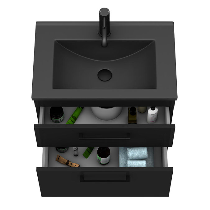 Arezzo 600 Matt Black Wall Hung 2-Drawer Vanity Unit with Matt Black Slimline Basin + Handles