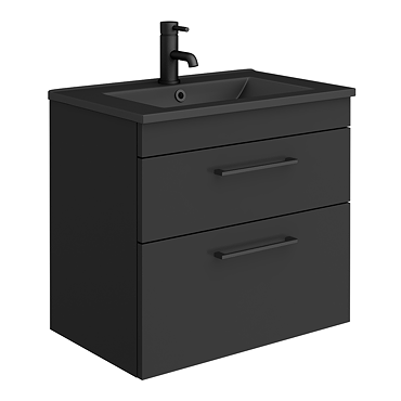 Arezzo 600 Matt Black Wall Hung 2-Drawer Vanity Unit with Matt Black Slimline Basin + Handles