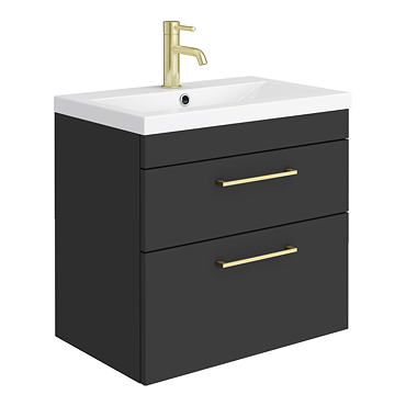 Arezzo 600 Matt Black Wall Hung 2-Drawers Vanity Unit with Brushed Brass Handles