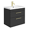 Arezzo 600 Matt Black Wall Hung 2-Drawers Vanity Unit with Brushed Brass Handles