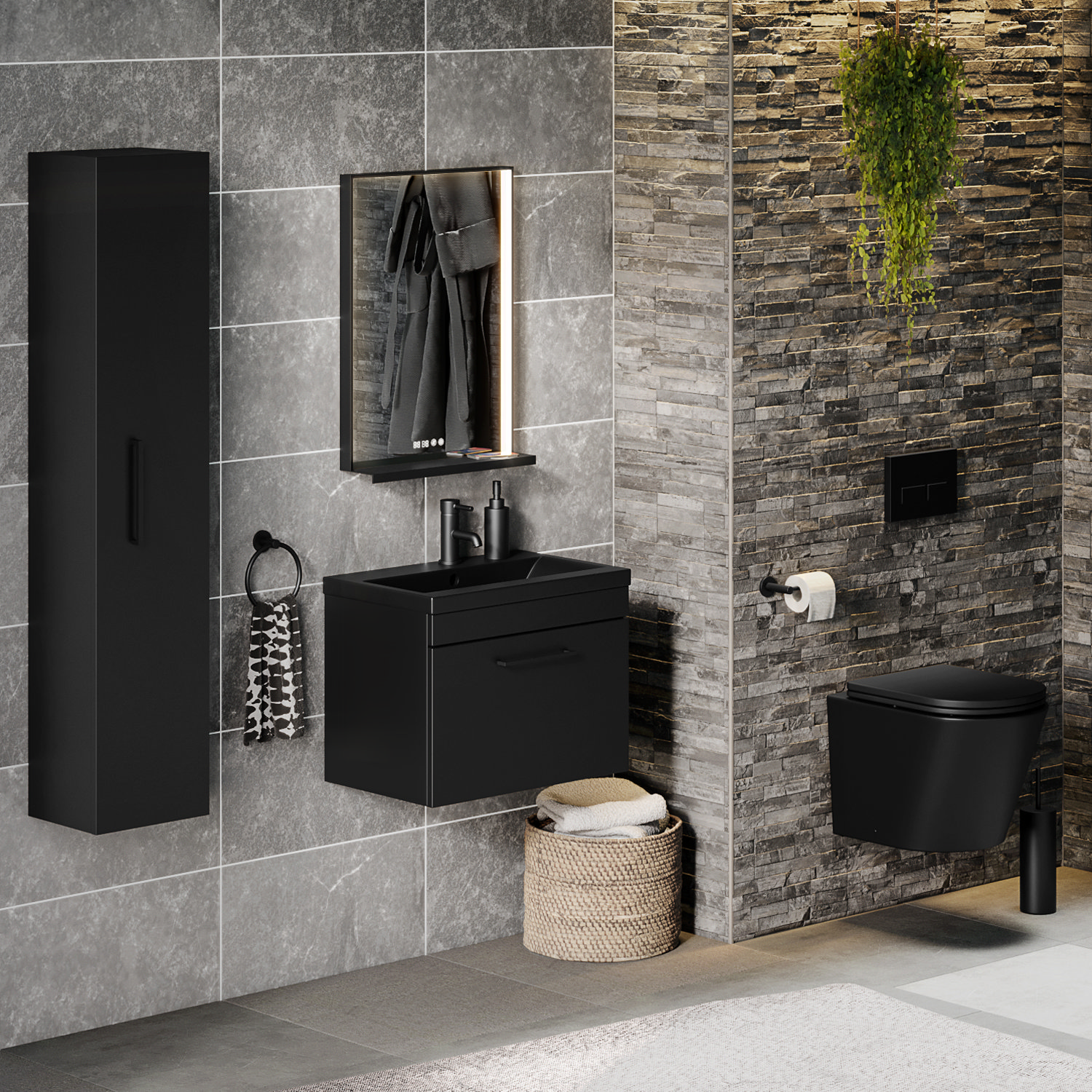 Arezzo 600 Matt Black Wall Hung Vanity Unit with Matt Black Basin