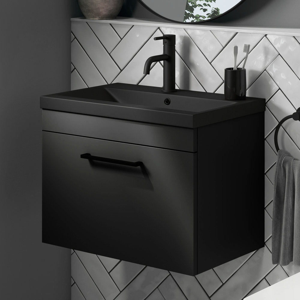 Arezzo 600 Matt Black Wall Hung Vanity Unit with Matt Black Basin