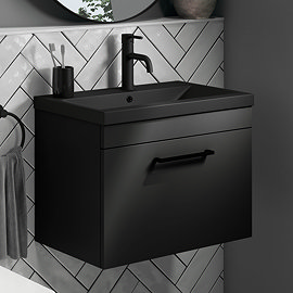 Arezzo 600 Matt Black Wall Hung Vanity Unit with Matt Black Basin + Handle