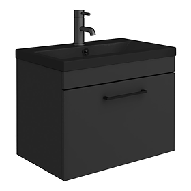 Arezzo 600 Matt Black Wall Hung Vanity Unit with Matt Black Basin + Handle