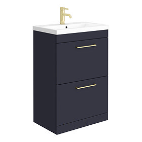 Arezzo 600 Matt Blue Floor Standing 2-Drawers Vanity Unit with Brushed Brass Handles Large Image