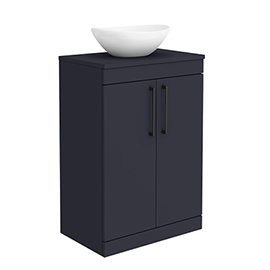 Arezzo 600 Matt Blue Floor Standing Vanity Unit with 410 x 330mm Oval Counter Top Basin + Black Hand