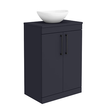 Arezzo 600 Matt Blue Floor Standing Vanity Unit with 410 x 330mm Oval Counter Top Basin + Black Handles  Profile Large Image
