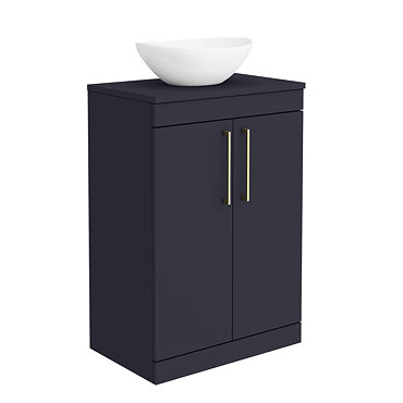 Arezzo 600 Matt Blue Floor Standing Vanity Unit with 410 x 330mm Oval Counter Top Basin + Brass Handles  Profile Large Image