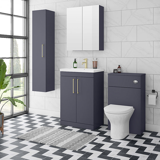 Arezzo 600 Matt Blue Floor Standing Vanity Unit with Brushed Brass Handles  In Bathroom Large Image