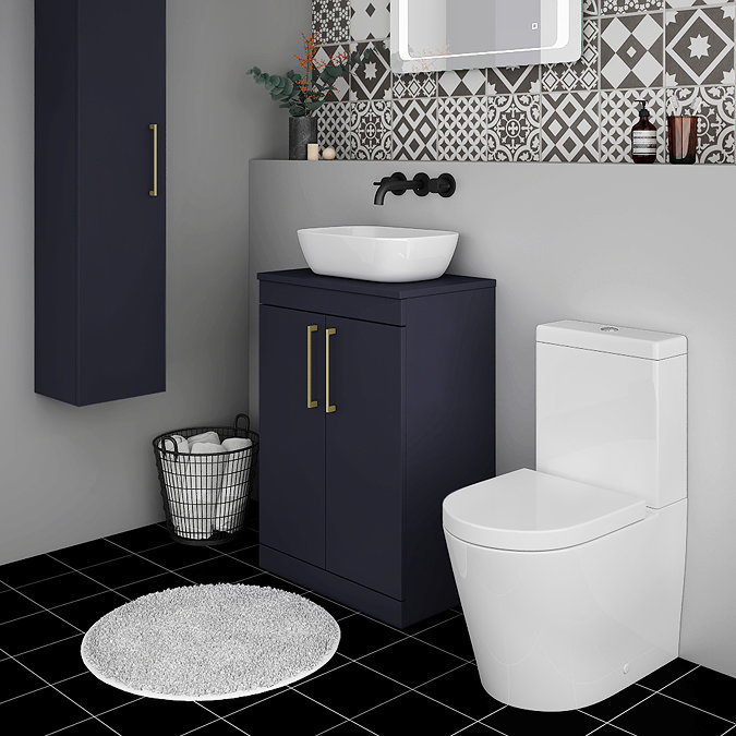 Arezzo 600 Matt Blue Floor Standing Vanity Unit with Worktop + Brushed Brass Handles Standard Large