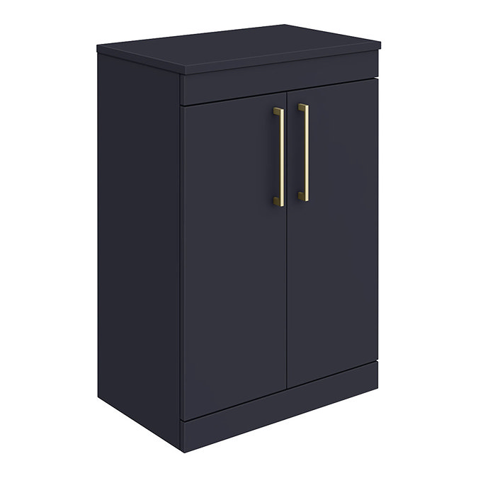 Arezzo 600 Matt Blue Floor Standing Vanity Unit with Worktop + Brushed Brass Handles Large Image