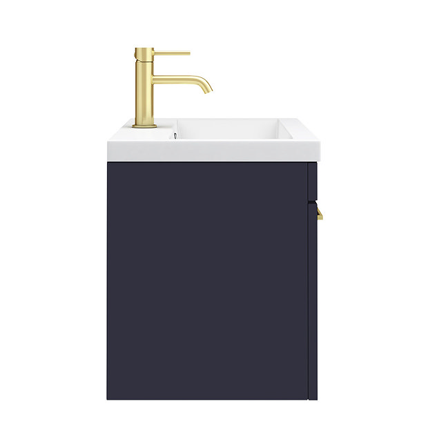 Arezzo 600 Matt Blue Wall Hung 1-Drawer Vanity Unit with Brushed Brass Handle  Newest Large Image