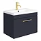 Arezzo 600 Matt Blue Wall Hung 1-Drawer Vanity Unit with Brushed Brass Handle Large Image