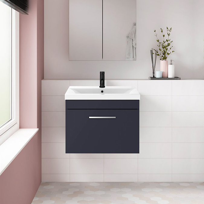 Arezzo 600 Matt Blue Wall Hung 1-Drawer Vanity Unit with Chrome Handle Feature Large Image