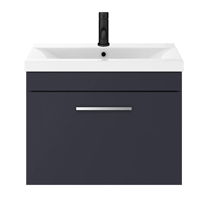 Arezzo 600 Matt Blue Wall Hung 1-Drawer Vanity Unit with Chrome Handle  In Bathroom Large Image