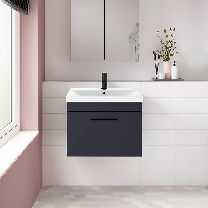 Arezzo 600 Matt Blue Wall Hung 1-Drawer Vanity Unit with Matt Black Handles Feature Large Image