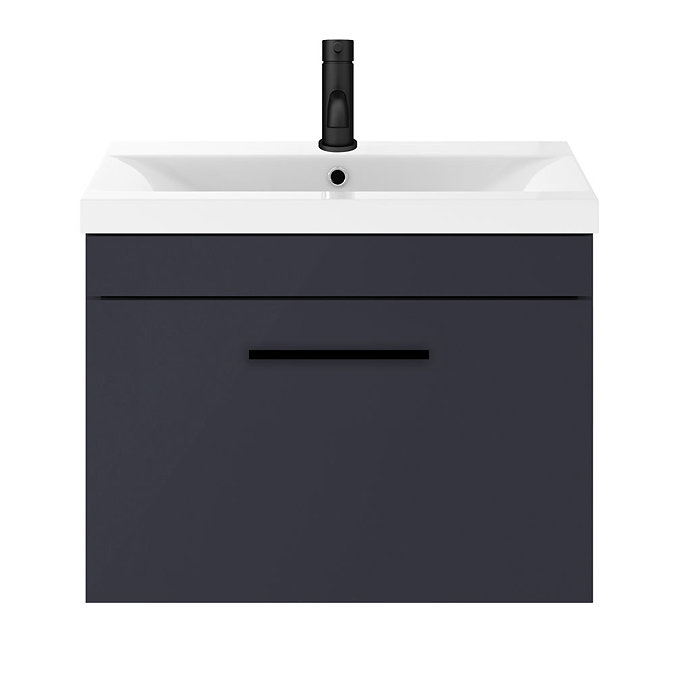 Arezzo 600 Matt Blue Wall Hung 1-Drawer Vanity Unit with Matt Black Handle In Bathroom Large Image