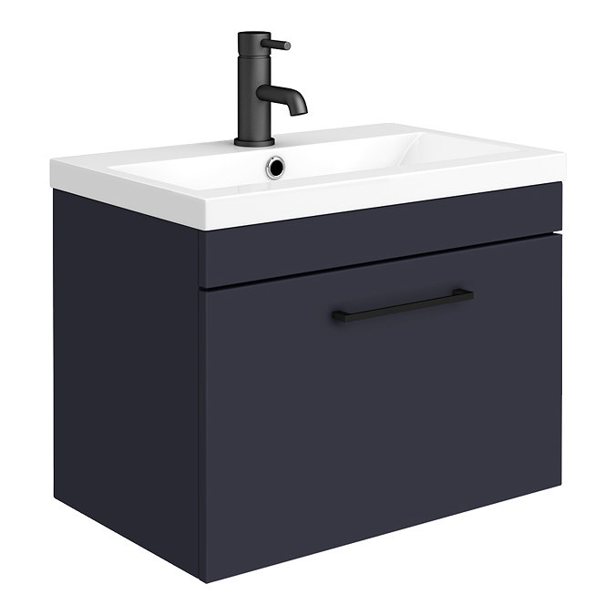 Arezzo 600 Matt Blue Wall Hung 1-Drawer Vanity Unit with Matt Black Handle Large Image