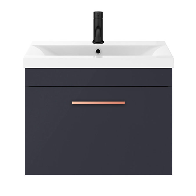 Arezzo 600 Matt Blue Wall Hung 1-Drawer Vanity Unit with Rose Gold Handle In Bathroom Large Image