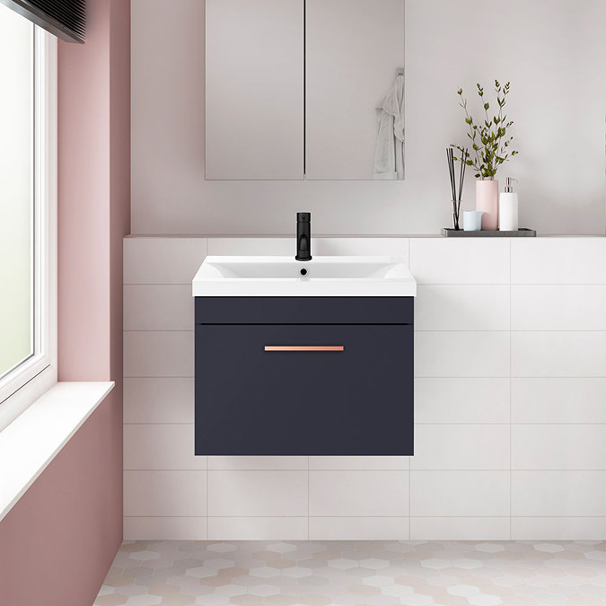 Arezzo 600 Matt Blue Wall Hung 1-Drawer Vanity Unit with Rose Gold Handles Feature Large Image