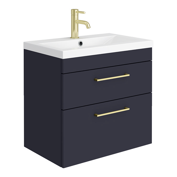 Arezzo 600 Matt Blue Wall Hung 2-Drawers Vanity Unit with Brushed Brass Handles Large Image