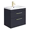 Arezzo 600 Matt Blue Wall Hung 2-Drawers Vanity Unit with Brushed Brass Handles Large Image