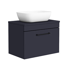 Arezzo 600 Matt Blue Wall Hung Vanity Unit with 465 x 325mm Counter Top Basin + Black Handle Medium 