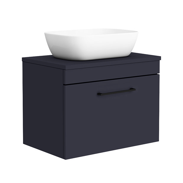 Arezzo 600 Matt Blue Wall Hung Vanity Unit with 465 x 325mm Counter Top Basin + Black Handle Large I