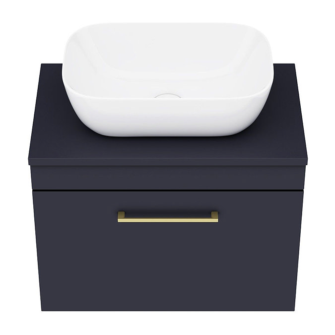 Arezzo Wall Hung Countertop Basin Unit - Blue with Brushed Brass Handle - 600mm inc. Basin In Bathroom Large Image