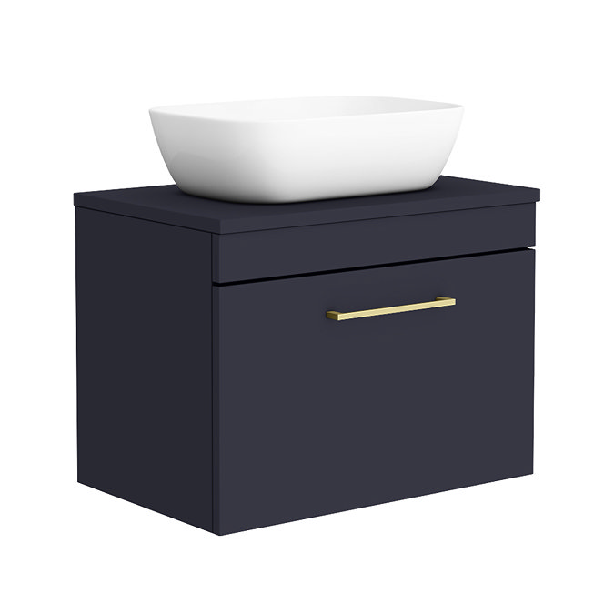 Arezzo 600 Matt Blue Wall Hung Vanity Unit with 465 x 325mm Counter Top Basin + Brass Handle Large I