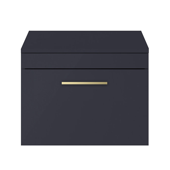 Arezzo 600 Matt Blue Wall Hung Vanity Unit with Worktop + Brushed Brass Handle  Feature Large Image
