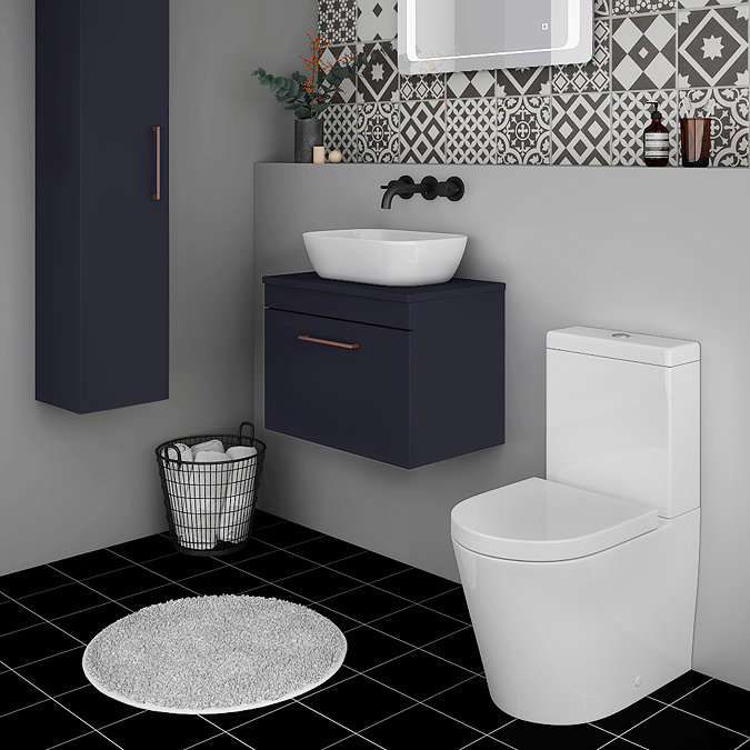 Arezzo 600 Matt Blue Wall Hung Vanity Unit with Worktop + Rose Gold Handle Standard Large Image