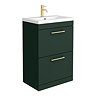 Arezzo 600 Matt Dark Green Floor Standing 2-Drawers Vanity Unit with Brushed Brass Handles