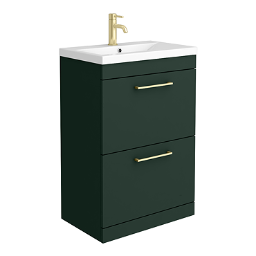 Arezzo 600 Matt Dark Green Floor Standing 2-Drawers Vanity Unit with Brushed Brass Handles